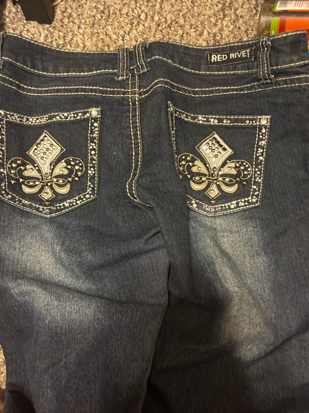 Red Rivet Indigo Bootcut Jeans with Fleur-de-Lis Pocket Embroidery